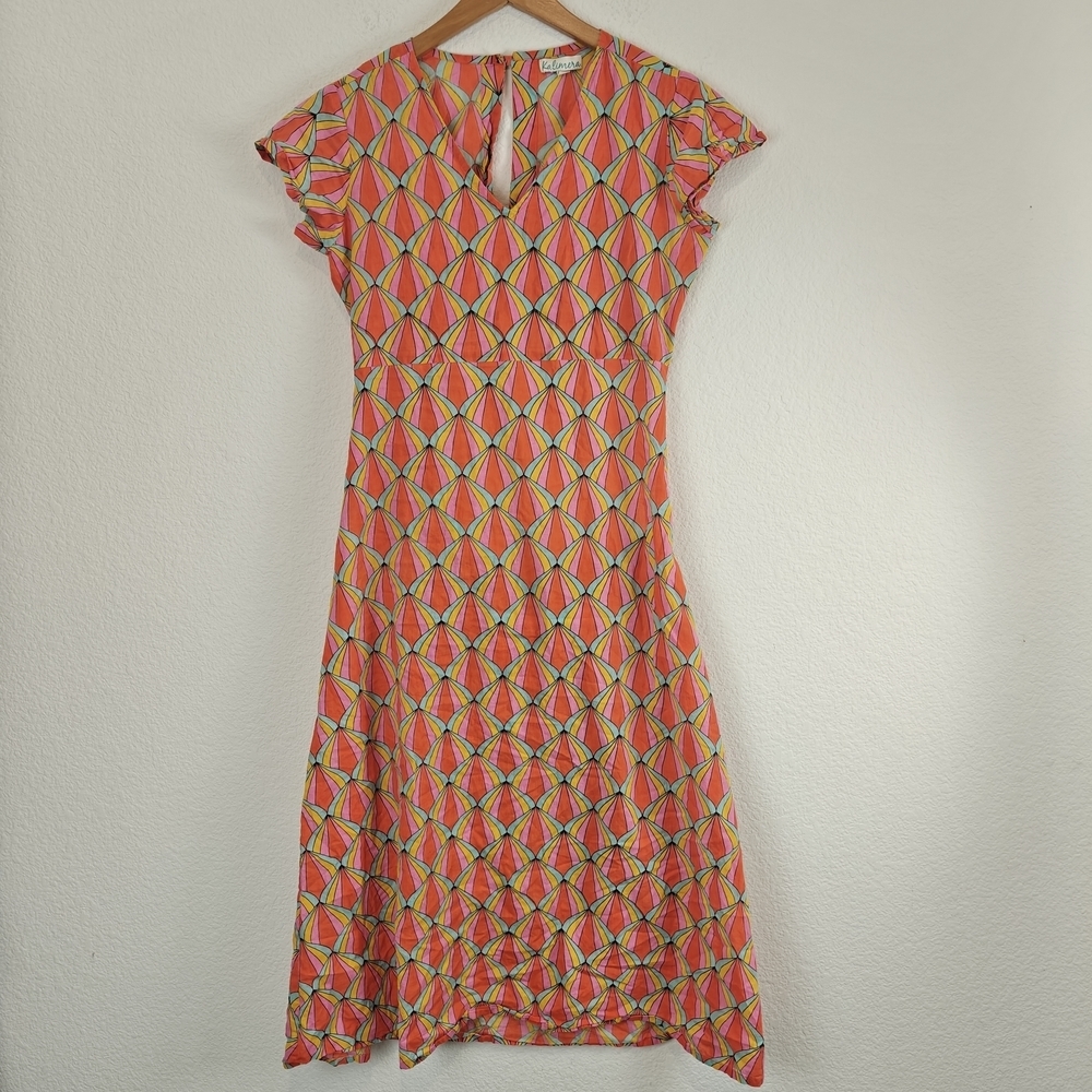 Kalimera Scalloped Geometric Cotton V-Neck Open Back Dress S/M Chic Summer Midi